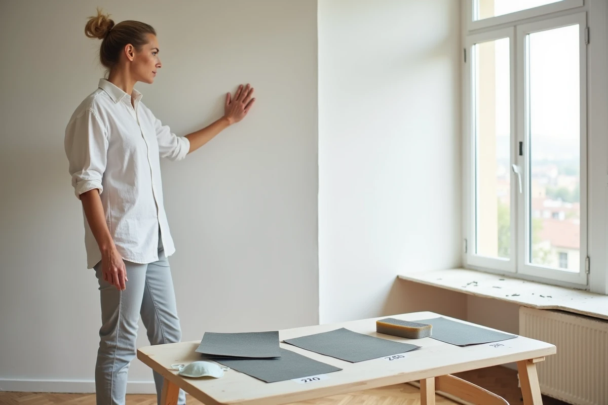 Femme inspectant la qualité d'un enduit lissé avec différents grains de papier de verre posés sur un établi