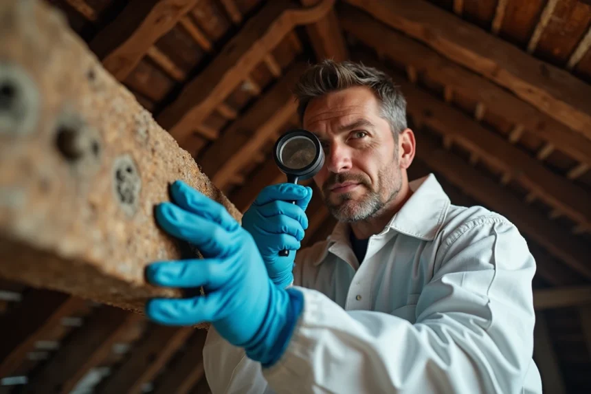 Spécialiste en traitement des nuisibles inspectant des galeries de mites du bois sur une poutre en chêne dans un grenier ancien