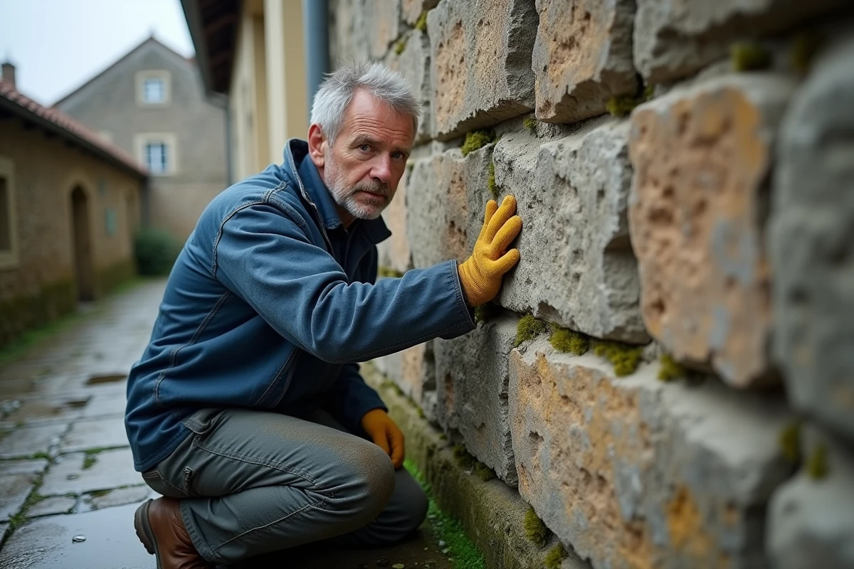 Homme inspectant un mur extérieur en pierre humide avec traces d'efflorescence sur une maison de campagne