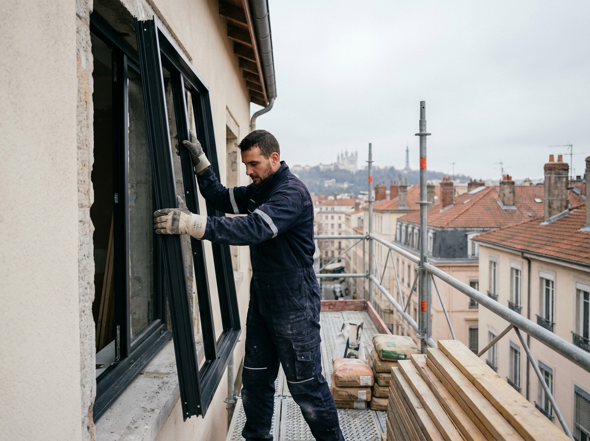 Poseur professionnel installant une fenêtre en aluminium sur un chantier de rénovation résidentielle avec vue sur les toits de Lyon