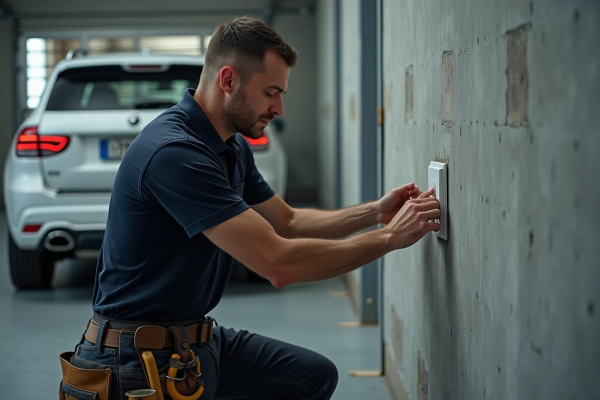 Électricien installant un interrupteur poussoir Legrand dans un garage béton