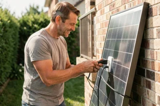 Homme branchant un panneau solaire plug and play sur une prise électrique extérieure de maison individuelle