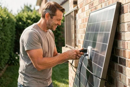 Homme branchant un panneau solaire plug and play sur une prise électrique extérieure de maison individuelle