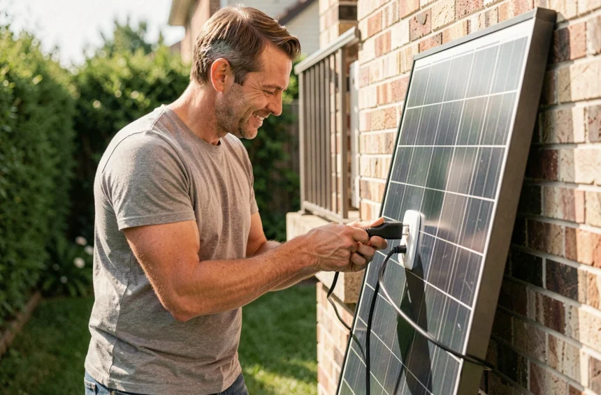 Homme branchant un panneau solaire plug and play sur une prise électrique extérieure de maison individuelle