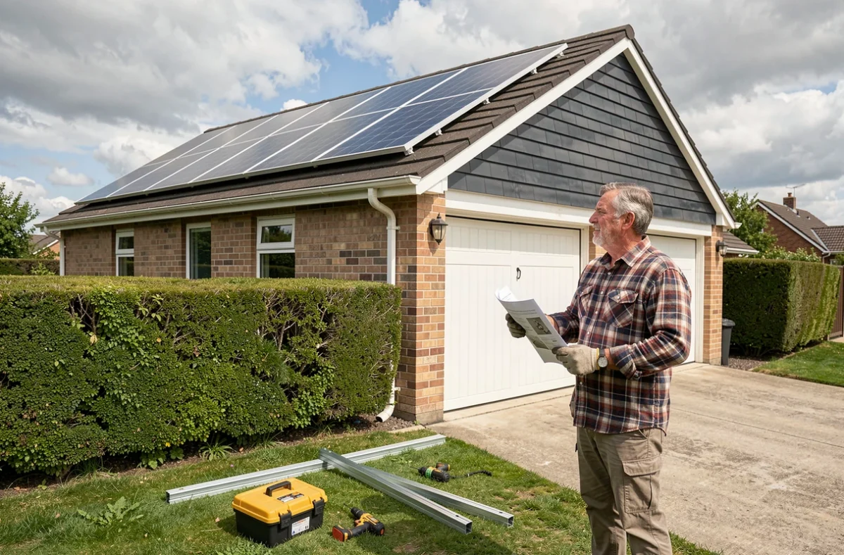 Homme installant des panneaux solaires 400W sur le toit d'un garage résidentiel avec outils au sol