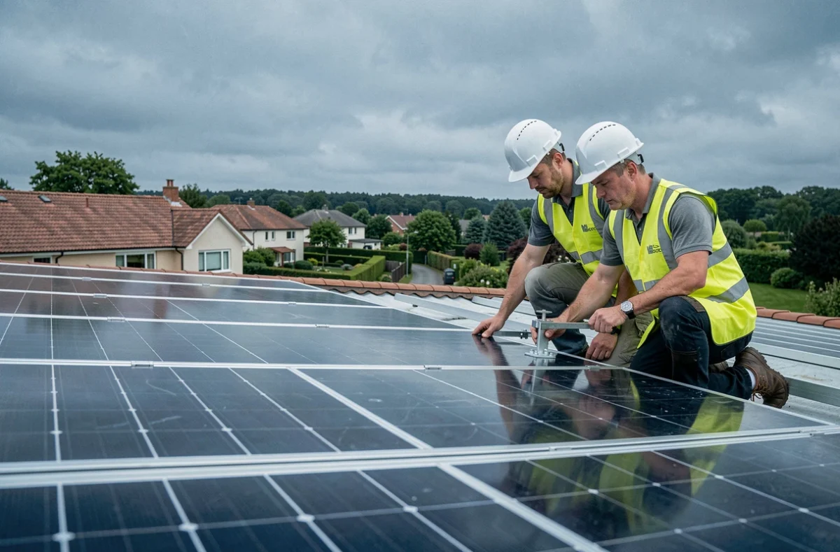 Ouvriers installant des panneaux solaires sur un toit de maison individuelle, représentant le coût de pose en plus du prix usine