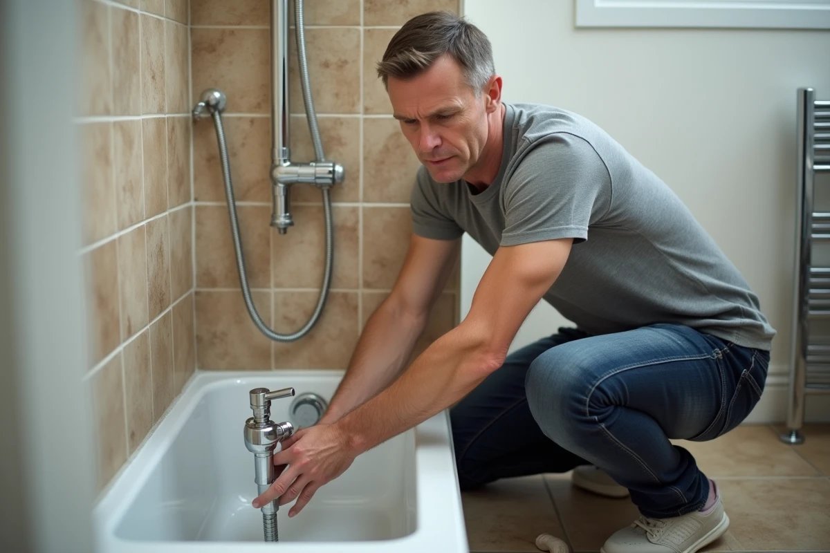 Homme installant un pommeau de douche économiseur d'eau pour diminuer la consommation et alléger la facture