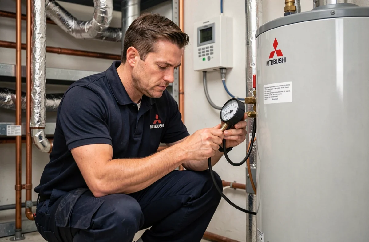 Technicien installant une pompe à chaleur Mitsubishi air/eau dans une chaufferie résidentielle