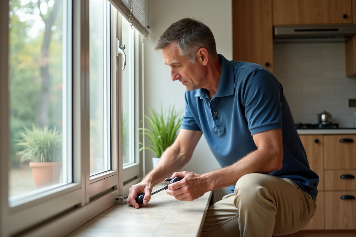 Homme installant un volet roulant connecté dans la cuisine