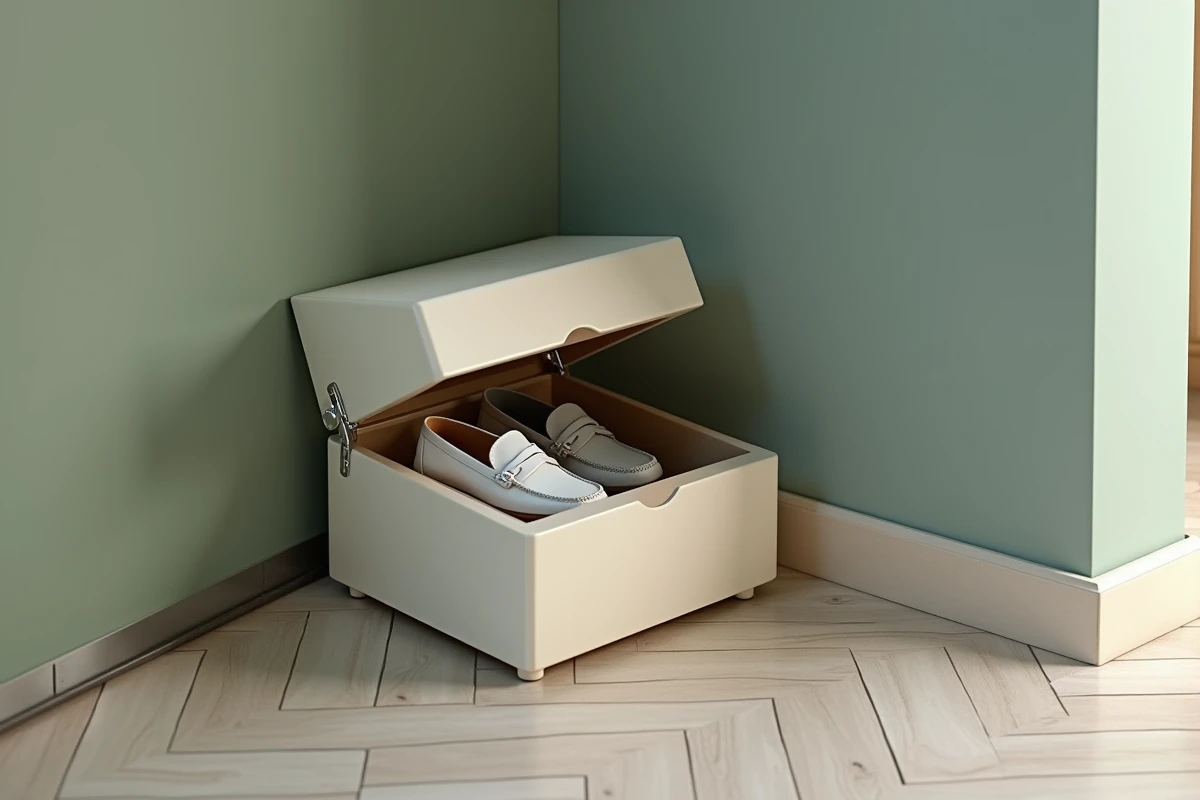 Intérieur ouvert d'un meuble chaussures nano avec rangement en étagères inclinées dans une petite entrée