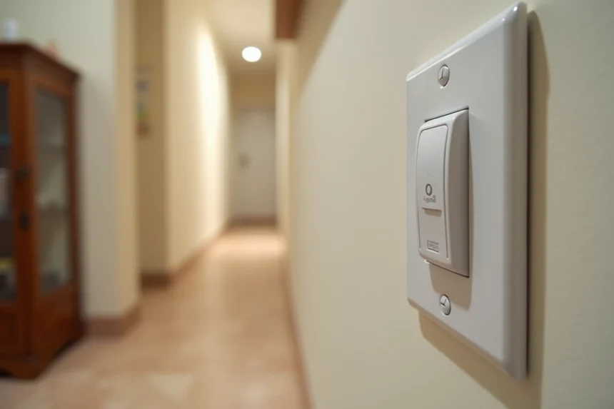 Interrupteur poussoir Legrand blanc monté sur un mur de couloir résidentiel
