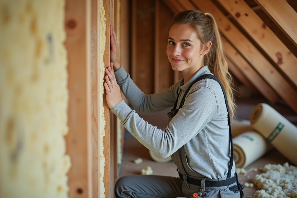 Jeune femme posant laine mineral entre montants en isolation