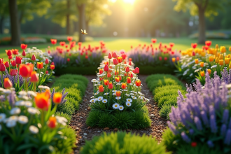 Jardin en forme de T avec tulipes et lavande en plein soleil