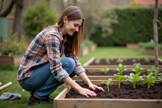 Femme plantant des graines dans un jardin au printemps