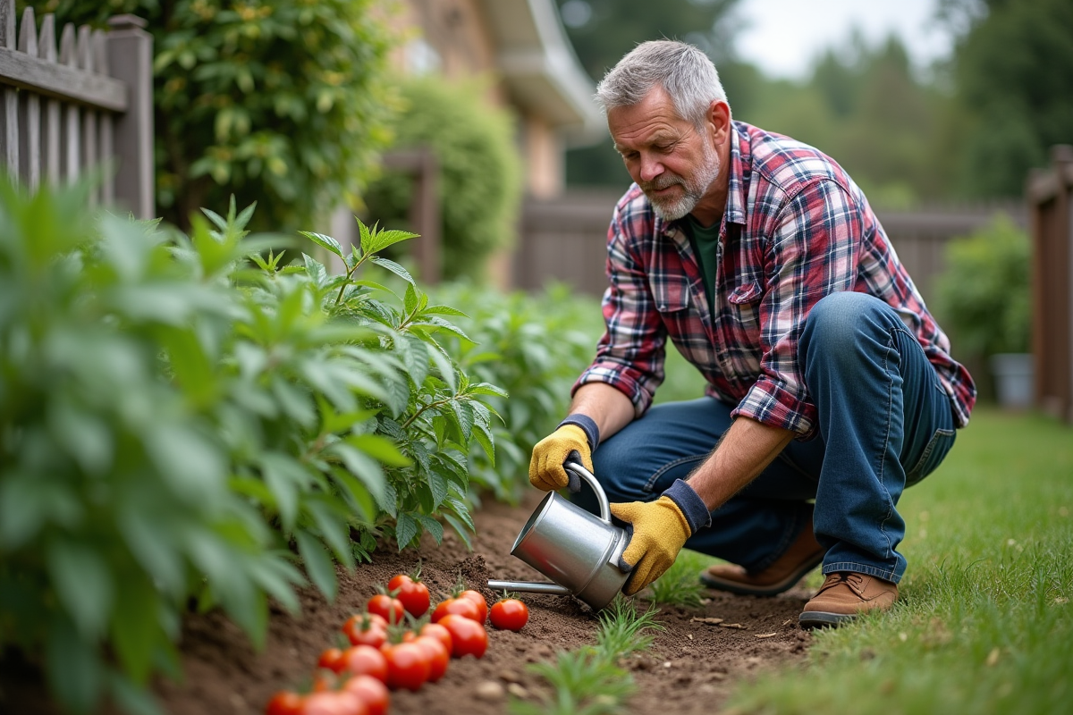 Homme moyenâgeux arrosant tomates dans son jardin
