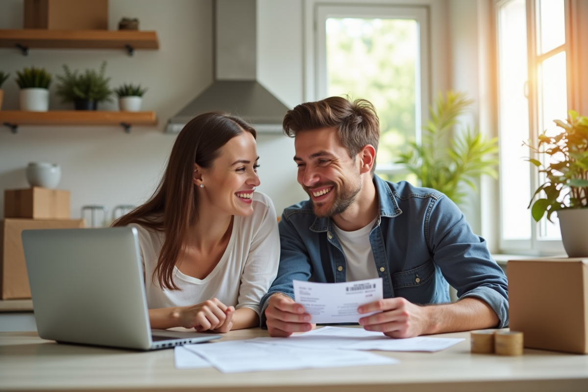 Jeune couple souriant à la table de cuisine en payant une facture de déménagement