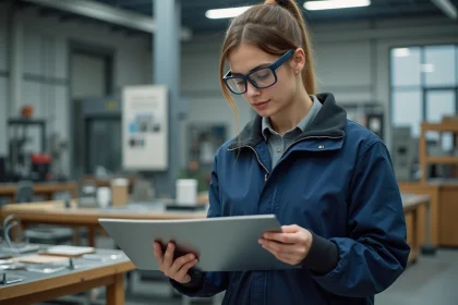 Jeune ingénieure inspectant une feuille d'aluminium recyclé