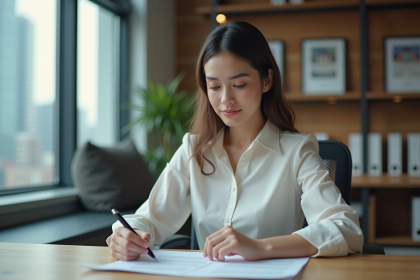 Jeune femme professionnelle examine un contrat de location dans un bureau moderne