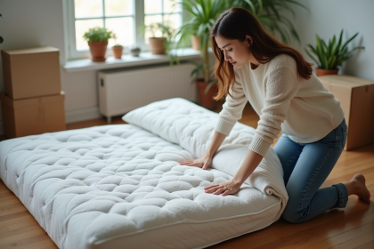 Jeune femme plie un matelas dans un appartement cosy