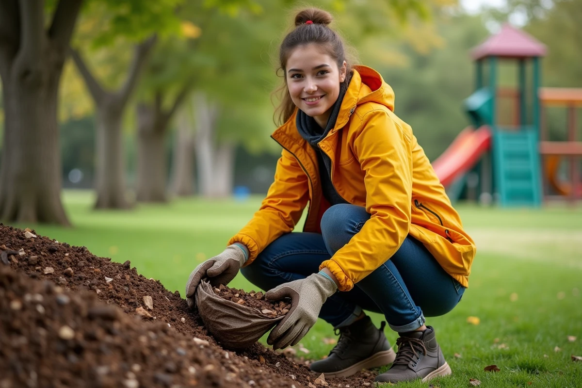 Jeune femme en veste lumineuse ramassant des copeaux de bois dans un parc