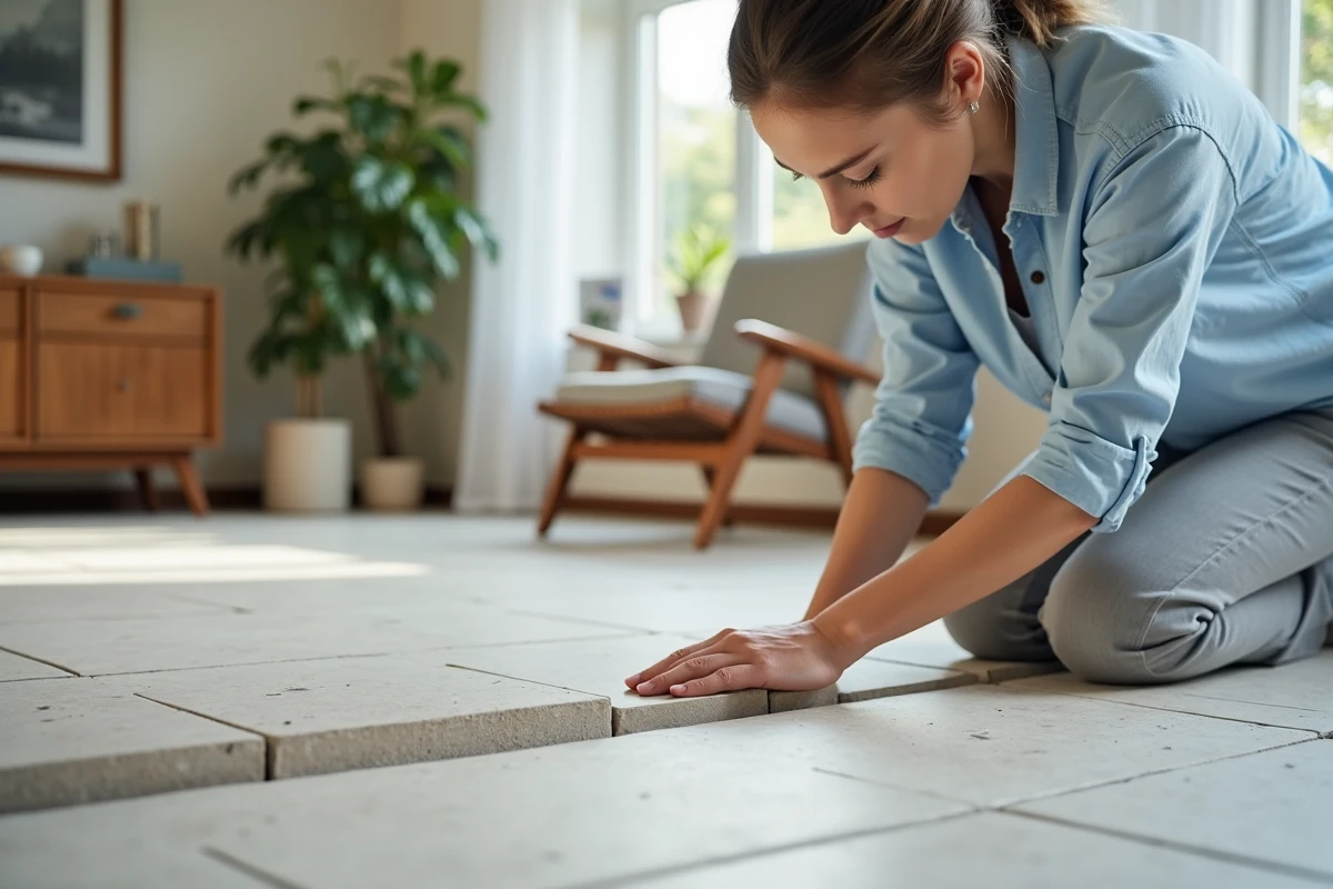Jeune femme observant un sol en pierre dans un intérieur lumineux