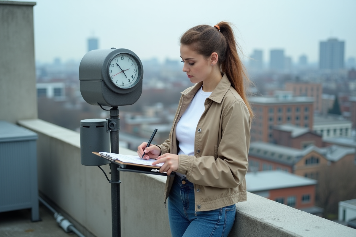 Jeune femme enregistrant des données météo sur un toit urbain