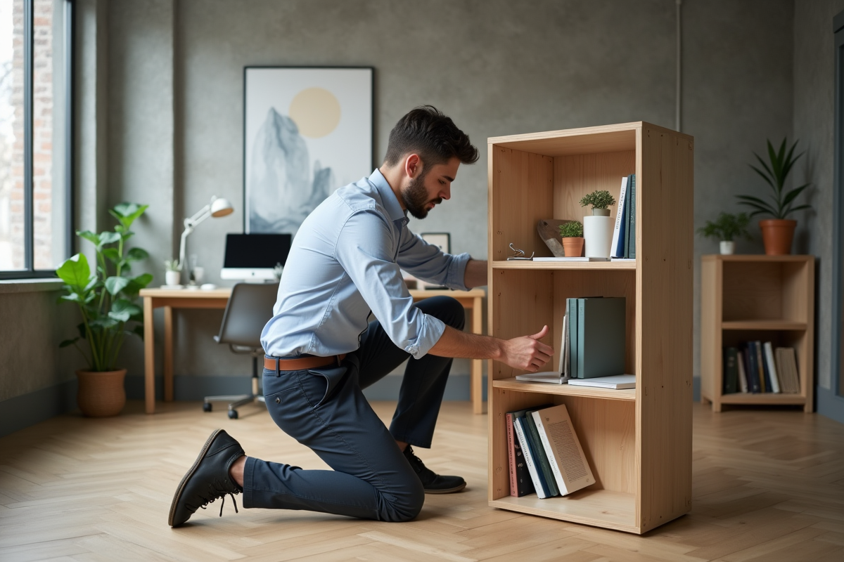 Jeune homme arrangeant une bibliothèque dans un loft créatif