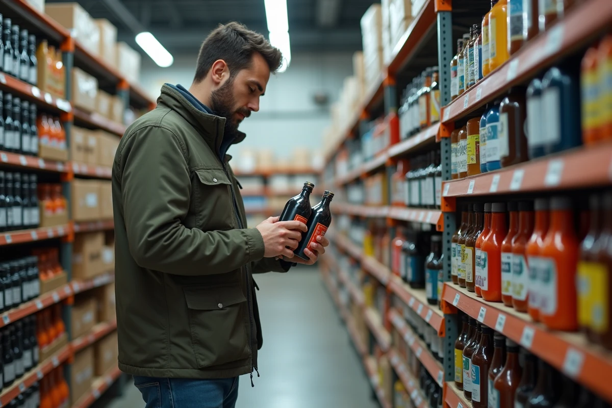Jeune homme comparant des bouteilles de gaz en magasin
