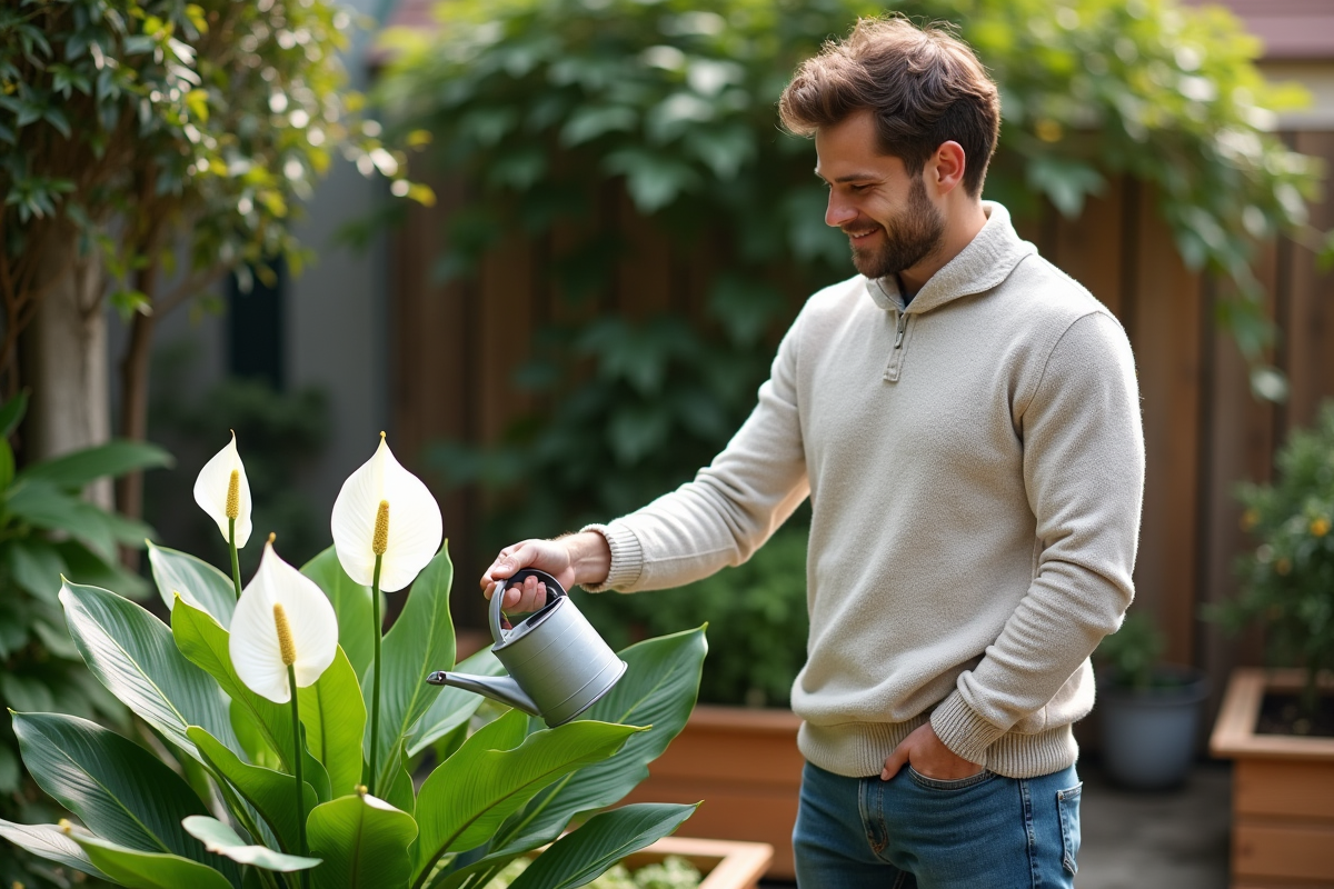 Jeune homme vérifiant une peace lily dans son jardin