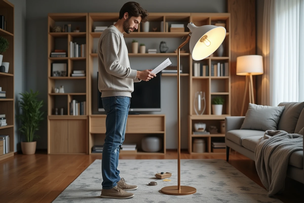 Jeune homme avec manuel de lampe en main dans un appartement