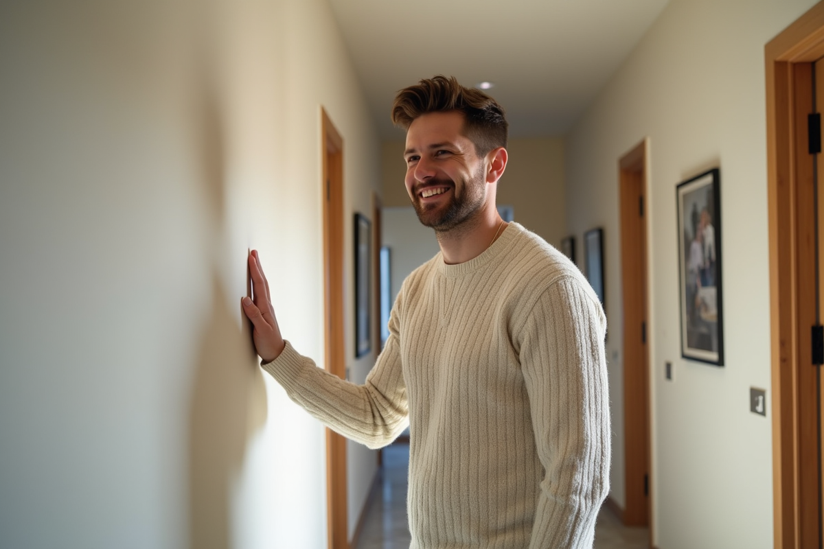 Jeune homme souriant inspectant un mur en enduit brosse dans un couloir