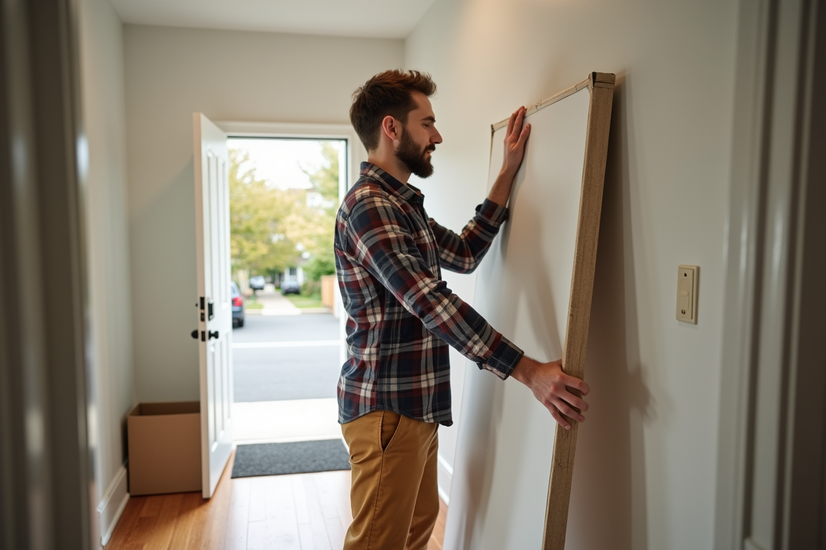 Jeune homme fixant un tableau dans un couloir lumineux