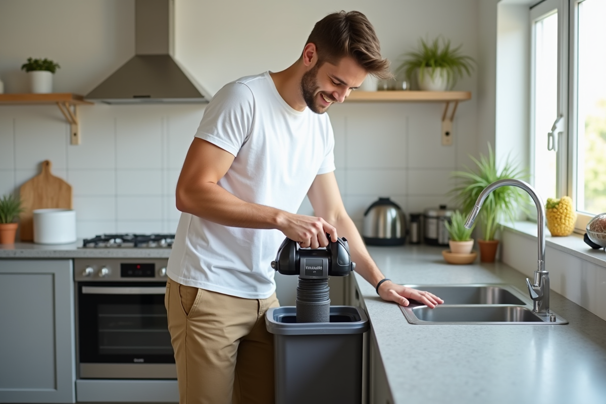 Jeune homme vidant le sac aspirateur dans la cuisine lumineuse