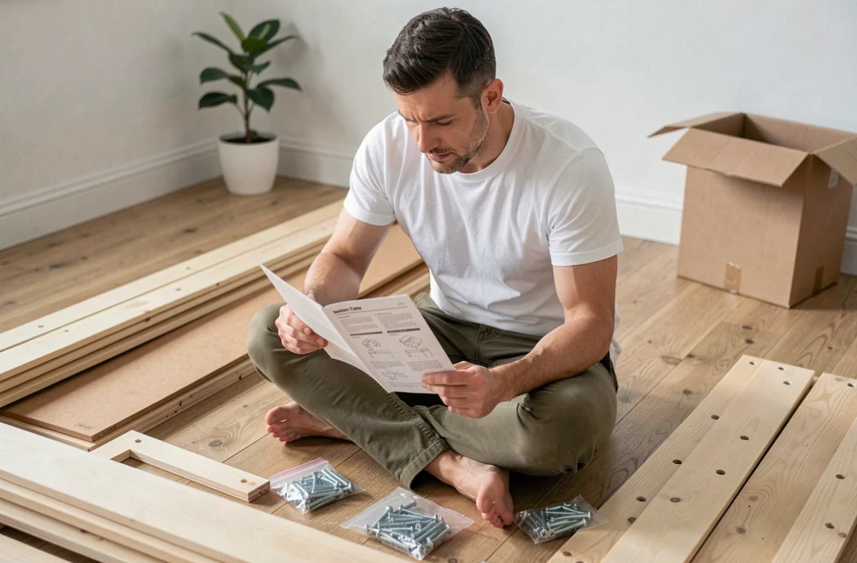 Homme lisant les instructions de montage et de livraison d'un meuble BUT acheté en magasin