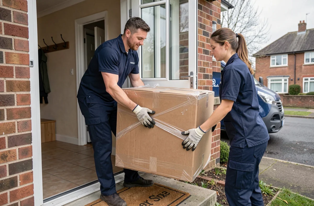 Livreurs BUT apportant un meuble en carton au domicile d'un client lors d'une livraison à domicile