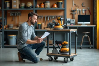 Homme comparant les tarifs de location de matériel de chantier dans un dépôt de location d'outils de bricolage