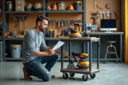 Homme comparant les tarifs de location de matériel de chantier dans un dépôt de location d'outils de bricolage
