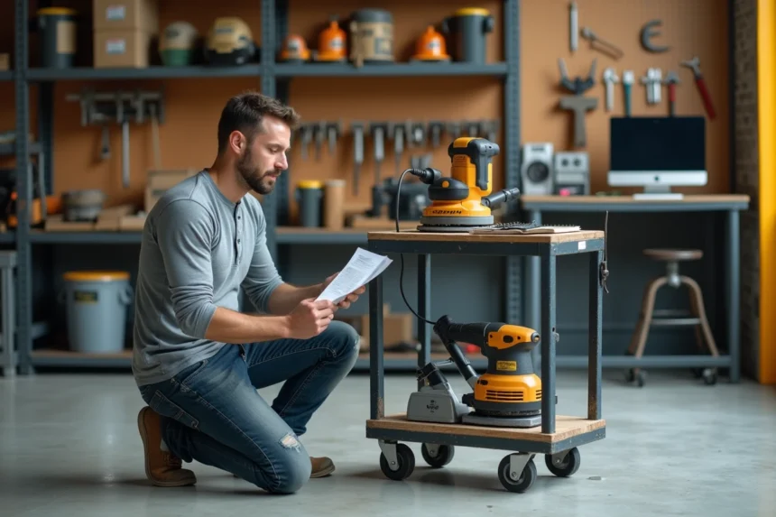 Homme comparant les tarifs de location de matériel de chantier dans un dépôt de location d'outils de bricolage