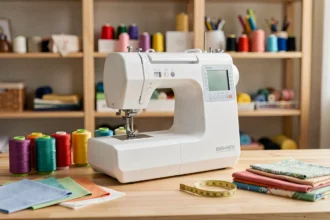 Machine à coudre blanche moderne posée sur une table en bois dans un atelier de couture domestique organisé avec des bobines de fil colorées