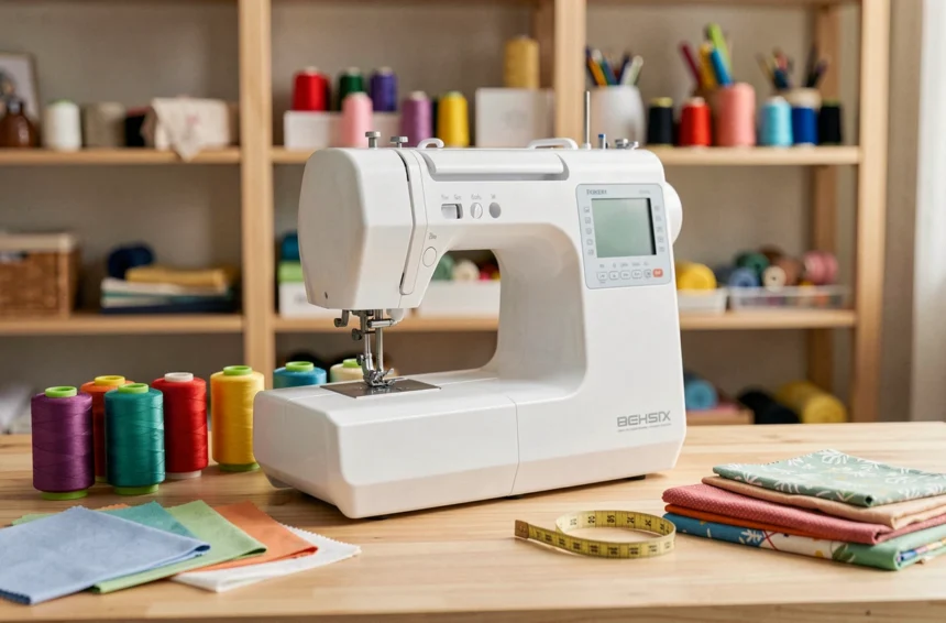 Machine à coudre blanche moderne posée sur une table en bois dans un atelier de couture domestique organisé avec des bobines de fil colorées