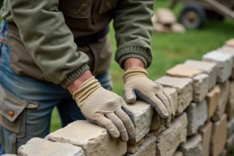 Maçon en train de poser des moellons en pierre calcaire pour construire un mur de jardin en milieu rural