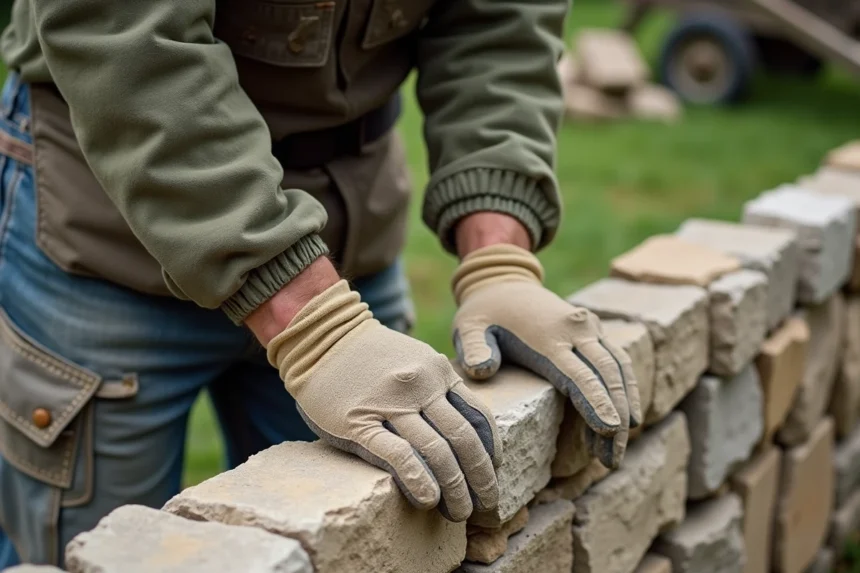 Maçon en train de poser des moellons en pierre calcaire pour construire un mur de jardin en milieu rural
