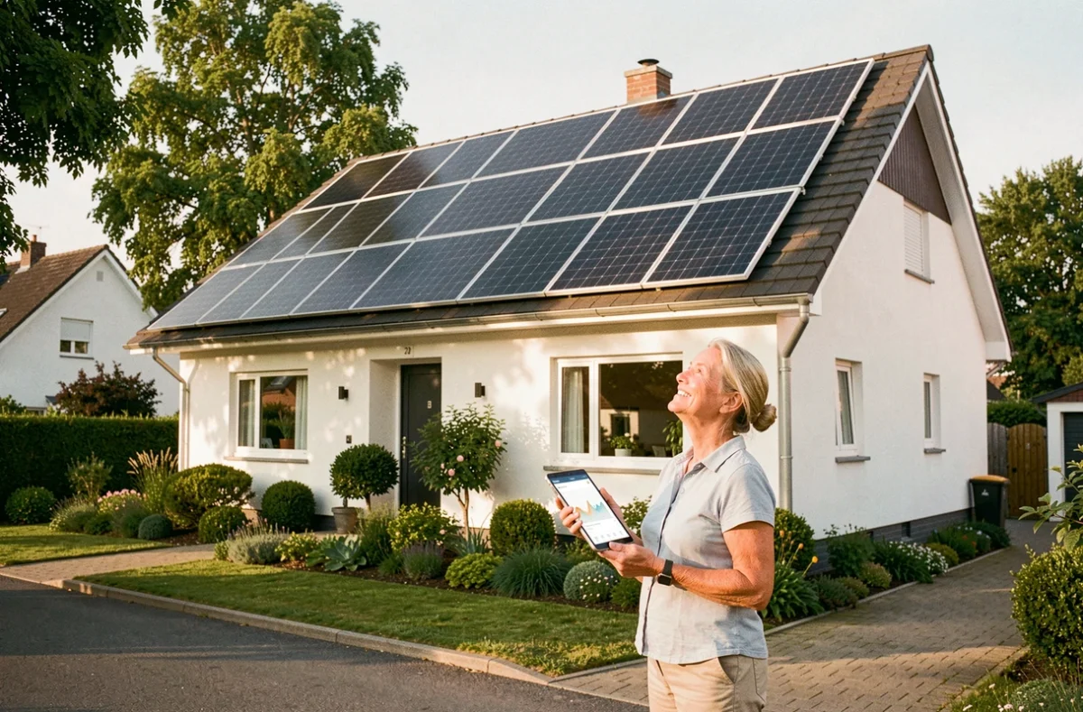 Propriétaire admirant son installation de panneaux solaires monocristallins 300W sur le toit de sa maison