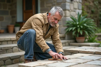 Maçon en train de lisser un joint de pierre naturelle