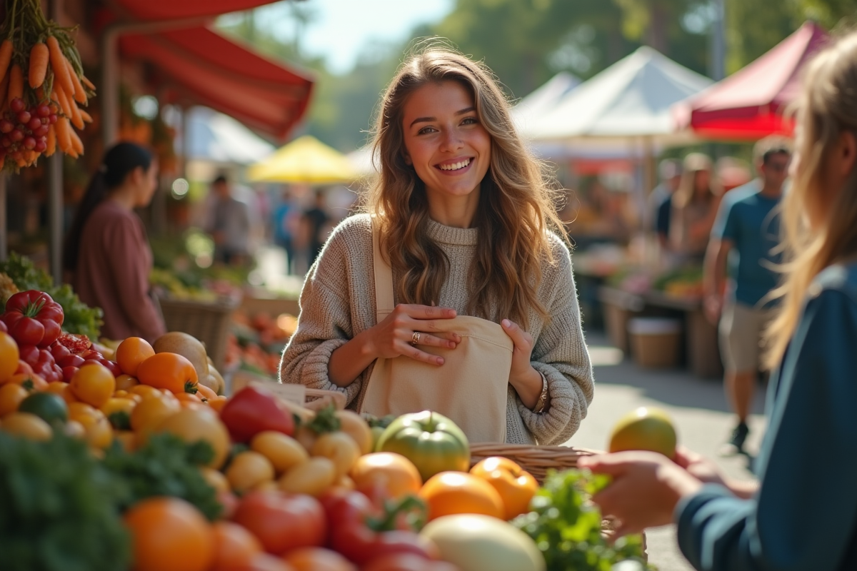 Personne souriante achetant des fruits au marché bio