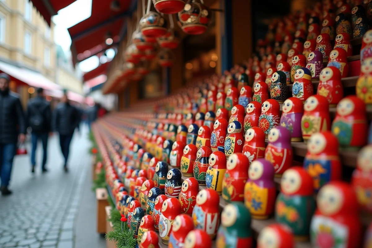 Étal de marché en plein air à Moscou chargé de nombreuses poupées matriochkas colorées de styles variés