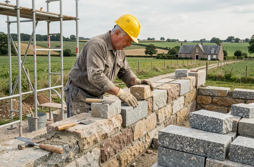 Maçon expérimenté posant des pierres traditionnelles sur un chantier en Vendée avec un paysage rural en arrière-plan