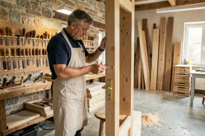 Menuisier professionnel en atelier mesurant un cadre de porte en bois, vue large d'un atelier de menuiserie en Centre-Val de Loire