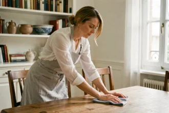 Femme effectuant le ménage à domicile dans un appartement de Chalon-sur-Saône, essuyant une table en bois avec un chiffon microfibre
