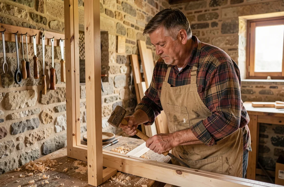Artisan de Menuiserie Berson assemblant manuellement un cadre de porte en pin dans un atelier artisanal de l'Indre